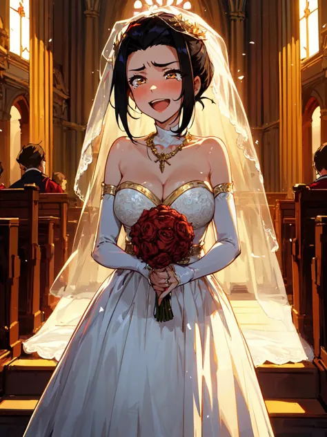 best quality,<lora:add_detail:0.3>, (1girl, solo, adult female, mature female), <lora:character_azulaATLA_(Azula):0.65>, Azula, black hair, gold eyes, <lora:concept_goodHands:1>,
wedding dress, veil, happy, open mouth, tears, in a church, standing at altar, bridal gauntlets, ornate dress, (wedding ring:1.1), boquet, cowboy shot, strapless dress, necklace, cleavage, lace