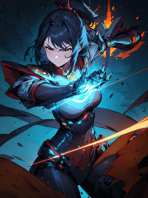 best quality,<lora:add_detail:0.3>, (1girl, solo, adult female, mature female), <lora:character_azulaATLA_(Azula):0.63>, Azula, black hair, <lora:concept_goodHands:1>, gold eyes,
<lora:concept_costume_edgMechagirl_(edgMechagirl--cyber armor):1>, red cyber armor, action pose, blue fire, blue fire background, (edgMechagirl helmet), serious face, frown, movement, dynamic pose, martial arts,