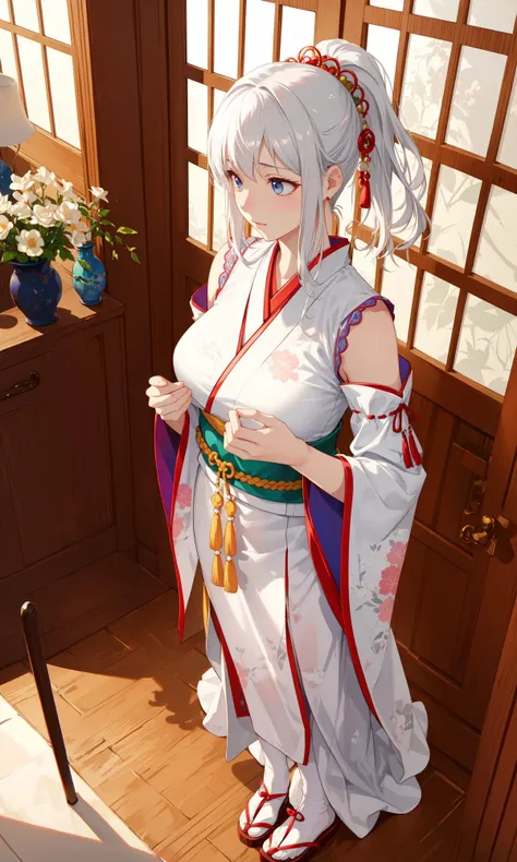 exquisite floral pattern, traditional lantern, clear pond,
(view from above, bird's eye view, ultra wide angle lens),
(2girl, sisters, mother and daughter, plump hips, smooth shoulders, graceful figure:1.1), (chinese style, japanese dress, samurai costume, casual clothing, detached sleeves,)
(chromatic aberration, light and shadows, high quality, beautiful, informative, HDR, delicate wallpaper, realistic, colorful:1.2), (inside or outside, transparent windows, sunlight on the courtyard),
(white_hair or silver_hair, long_hair, hime_cut, hair_ornament, single ponytail,),(elegant, ashamed, shy, nobility:1.4),
(fancy_dress, lace, ribbon, dress, long gloves, long stockings, shoes, necklace, earrings, rings, jewelry:0.8),
<lyco:GoodHands-beta2:1>, nice hands, perfect hands,