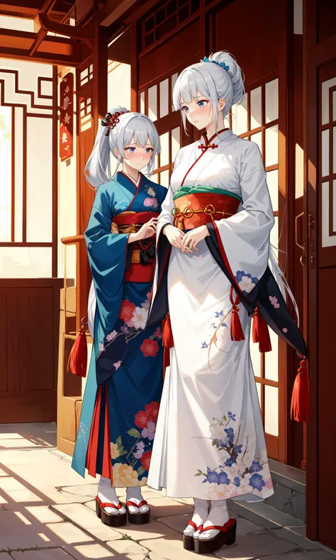 2girl, sisters, mother and daughter, chinese style, japanese dress, samurai costume, exquisite floral pattern, rough machine, black smoke, traditional Lantern,
(plump hips, smooth shoulders),
(high quality, beautiful, informative, HDR, delicate wallpaper:1.2), (inside or outside, transparent windows, sunlight on the courtyard),
(white_hair or silver_hair, long_hair, hime_cut, hair_ornament, single ponytail,),(elegant, ashamed, shy, nobility:1.4),
(fancy_dress, lace, ribbon, dress, long gloves, long stockings, shoes, necklace, earrings, rings, jewelry:0.8),
<lyco:GoodHands-beta2:1.2>,