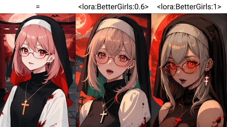 1 girl,=,tomboy,vampire,nun,blood,black-framed_eyewear, cross_earrings, cross_necklace, earrings, glasses, jewelry, multiple_torii, necklace, red_moon, red_sky, red_theme, round_eyewear, turtleneck