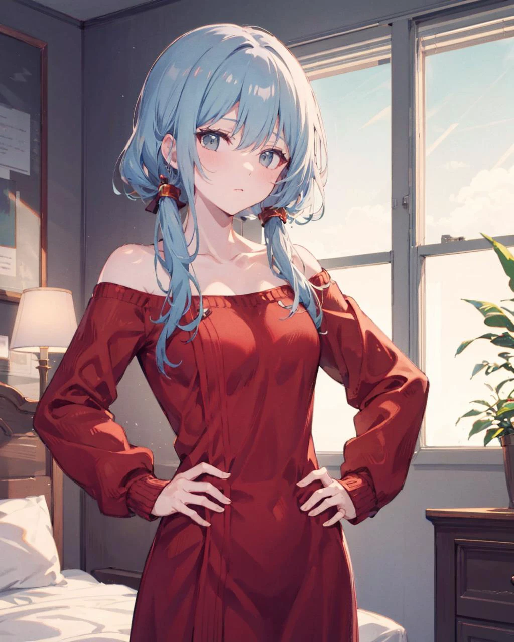masterpiece, best quality,shiny,chromatic aberration abuse,pastel color,
indoor,bedroom, hand on hip,
1girl,solo,large breasts, , sweater dress,red sweater, <lora:YorSweaterDress:1>,collarbone, off-shoulder sweater,