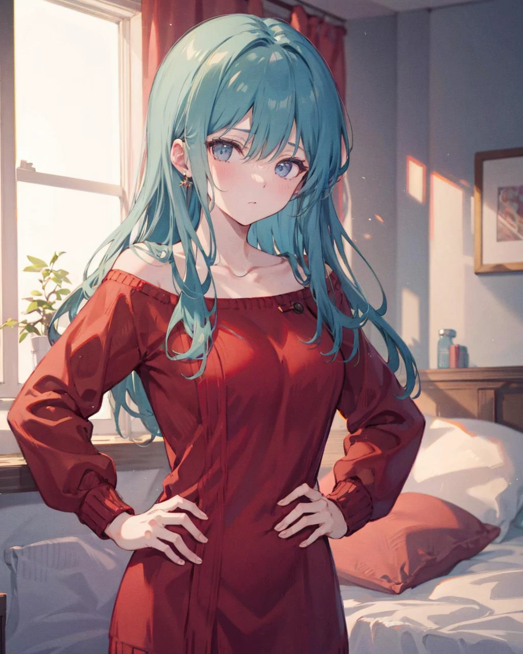 masterpiece, best quality,shiny,chromatic aberration abuse,pastel color,
indoor,bedroom, hand on hip,
1girl,solo,large breasts, , sweater dress,red sweater, <lora:YorSweaterDress:1>