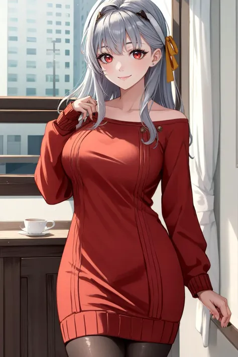 <lora:modernia-nikke-richy-v3:0.8>,moderniadef,red eyes,silver hair,large breasts,<lora:YorSweaterDressV1:1>,sweater dress,pantyhose