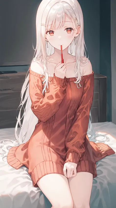 (((white hair:1.3))),((long hair:1.2)),((red eyes:1.2)),medium breasts,solo,1girl,(sweater dress:1.2),<lora:YorSweaterDressV1:1>,(pov:1.1),messy hair,sitting,on bed,, ((((masterpiece)))),(((hyper detailed))),(((highres))),((good anatomy)),(((best quality))),((an extremely delicate and beautiful)),((an extremely detailed and delicate)),((8k cg wallpaper)),((illustration)),hiten1