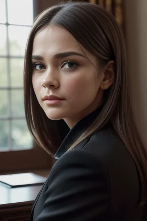 (RAW, analogue, Nikon Z 14mm ultra-wide angle lens, award-winning glamour photograph, ((best quality)), ((masterpiece)), ((realistic)), skin pores, subsurface scattering, radiant light rays, high-res, detailed facial features, high detail, sharp focus, smooth, aesthetic, extremely detailed, (extremely detailed eyes, extremely detailed iris), extremely detailed hair, extremely detailed skin, extremely detailed clothes, octane render, photorealistic, realistic, post-processing, max detail, realistic shadows, roughness, natural skin texture, real life, ultra-realistic, photorealism, photography, 8k UHD, photography, hdr, intricate, elegant, highly detailed, sharp focus, stunning, beautiful, gorgeous), (photorealistic), (realistic), m4i4itch311 in a high neck blouse, (black blazer1.2), standing in front of a desk, full body, brown hair with blonde highlights, brown eyes, indoors, oval office, white house, windows, upper body, morning, bright, photorealistic, realistic, detailed eyes, intricate face, high contrast, <lora:Maia_Mitchell_PMv1_Lora:1>,, digital painting portrait, natural lighting, in the style of pixar, trending on artstation, sharp, focus art by Arthur Streeton and Božidar Jakac, ((Cinematic Still-Shot))