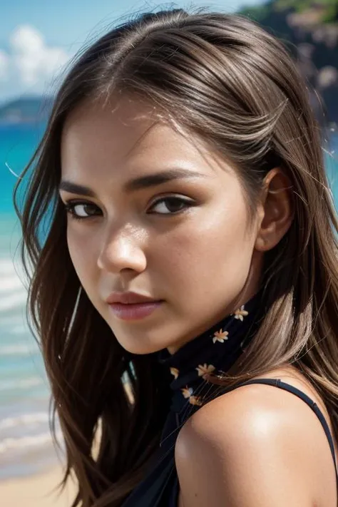 (RAW, analogue, Nikon Z 14mm ultra-wide angle lens, award-winning glamour photograph, ((best quality)), ((masterpiece)), ((realistic)), skin pores, subsurface scattering, radiant light rays, high-res, detailed facial features, high detail, sharp focus, smooth, aesthetic, extremely detailed, (extremely detailed eyes, extremely detailed iris), extremely detailed hair, extremely detailed skin, extremely detailed clothes, octane render, photorealistic, realistic, post-processing, max detail, realistic shadows, roughness, natural skin texture, real life, ultra-realistic, photorealism, photography, 8k UHD, photography, hdr, intricate, elegant, highly detailed, sharp focus, stunning, beautiful, gorgeous), (photorealistic), (realistic), m4i4itch311, full body, brown hair, brown eyes, beach, (High neck fitted sundress:1.1), cloud, day, floral print, horizon, lips, long hair, mountain, ocean, outdoors, photo \(medium\), photo background, shore, sky, solo, dress, water, waves, upper body, in motion, running on the beach, morning, bright, <lora:Maia_Mitchell_PMv1_Lora:1>,, digital painting portrait, natural lighting, in the style of pixar, trending on artstation, sharp, focus art by Arthur Streeton and Božidar Jakac, ((Cinematic Still-Shot))