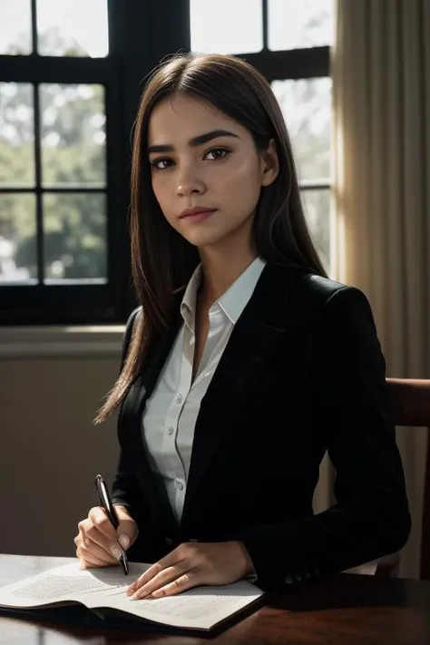 (RAW, analogue, Nikon Z 14mm ultra-wide angle lens, award-winning glamour photograph, ((best quality)), ((masterpiece)), ((realistic)), skin pores, subsurface scattering, radiant light rays, high-res, detailed facial features, high detail, sharp focus, smooth, aesthetic, extremely detailed, (extremely detailed eyes, extremely detailed iris), extremely detailed hair, extremely detailed skin, extremely detailed clothes, octane render, photorealistic, realistic, post-processing, max detail, realistic shadows, roughness, natural skin texture, real life, ultra-realistic, photorealism, photography, 8k UHD, photography, hdr, intricate, elegant, highly detailed, sharp focus, stunning, beautiful, gorgeous), (photorealistic), (realistic), m4i4itch311 in a suit, (black blazer1.2), standing in front of a desk, full body, brown eyes, indoors, oval office, white house, windows, upper body, morning, bright, photorealistic, realistic, detailed eyes, intricate face, high contrast, <lora:Maia_Mitchell_PMv1_Lora:1>,, digital painting portrait, natural lighting, in the style of pixar, trending on artstation, sharp, focus art by Arthur Streeton and Božidar Jakac, ((Cinematic Still-Shot))