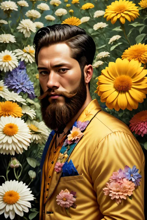 a man in a yellow suit standing in a field of flowers , Gardenia_Portraits