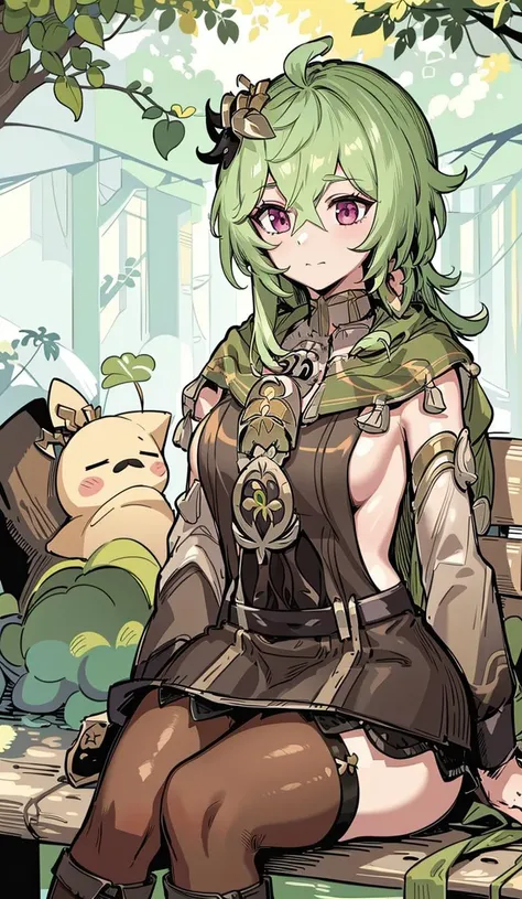 (((1girl))), <lora:colleiGenshinImpact_v10:1>
genshin_impact, collei_(genshin_impact), 1girl, bangs, black_footwear, boots, brown_thighhighs, capelet, closed_mouth, crossed_bangs, detached_sleeves, green_capelet, green_hair, hair_between_eyes, hair_ornament, high_heel_boots, purple_eyes, solo, tassel, thighhighs, vision_(genshin_impact), ((huge chest)), sitting on a bench
