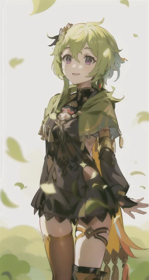 (((1girl))), <lora:colleiGenshinImpact_v10:1> genshin_impact, collei_(genshin_impact), 1girl, bangs, black_footwear, boots, brown_thighhighs, capelet, smiling , crossed_bangs, detached_sleeves, green_capelet, green_hair, hair_between_eyes, hair_ornament, high_heel_boots, purple_eyes, solo, tassel, thighhighs, vision_(genshin_impact), ((huge chest)), standing