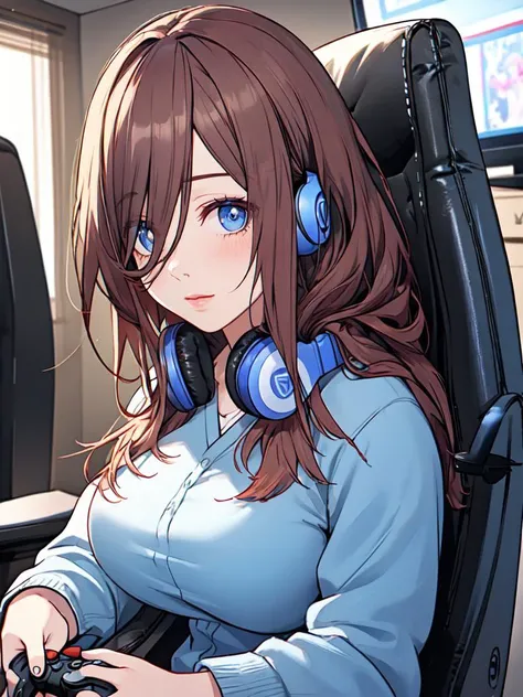 masterpiece, best quality, hentai 69(sex position) ,1girl, (mature female:1.5, long brown hair, blue detailed sparkling eyes, Headphones around your neck, oral, 1boy, , hetero, 69, , solo focus, gathers, mature female, cum mouth,