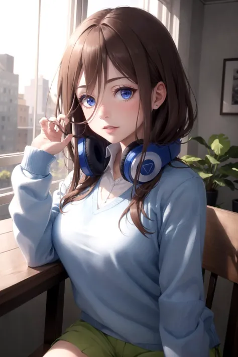 absurdres, best quality, 1girl, solo, <lyco:GoodHands-beta2:1>, eye focus, looking at viewer, <lora:MikuNakano:0.8>, Miku, Blue Cardigan, brown hair
