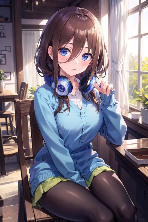 absurdres, best quality, 1girl, solo, <lyco:GoodHands-beta2:1>, eye focus, looking at viewer, <lora:MikuNakano:0.8>, Miku, Blue Cardigan, brown hair