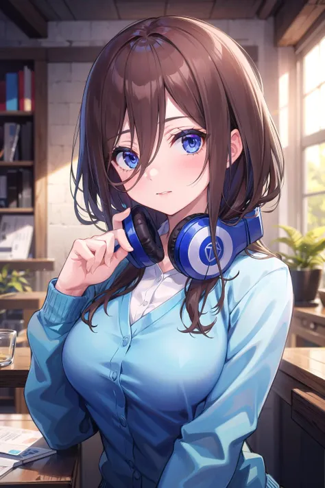absurdres, best quality, 1girl, solo, <lyco:GoodHands-beta2:1>, eye focus, looking at viewer, <lora:MikuNakano:0.8>, Miku, Blue Cardigan, brown hair