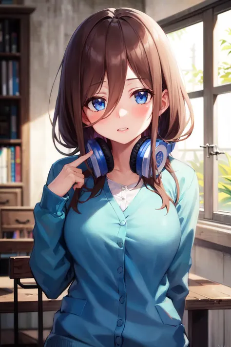 absurdres, best quality, 1girl, solo, <lyco:GoodHands-beta2:1>, eye focus, looking at viewer, <lora:MikuNakano:0.8>, Miku, Blue Cardigan, brown hair