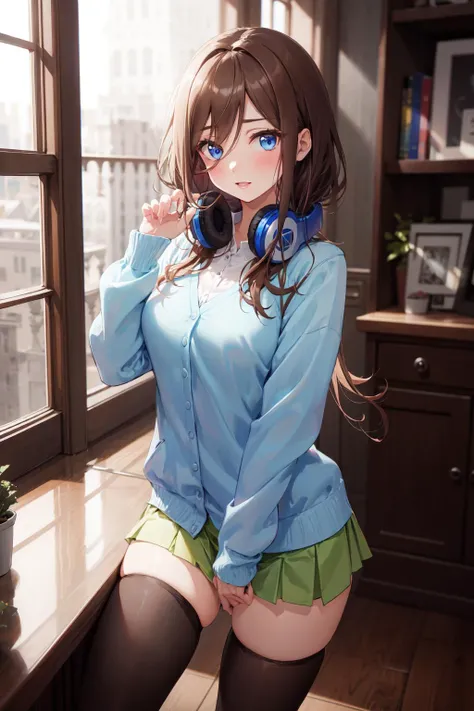 absurdres, best quality, 1girl, solo, <lyco:GoodHands-beta2:1>, eye focus, looking at viewer, <lora:MikuNakano:0.8>, Miku, Blue Cardigan, brown hair