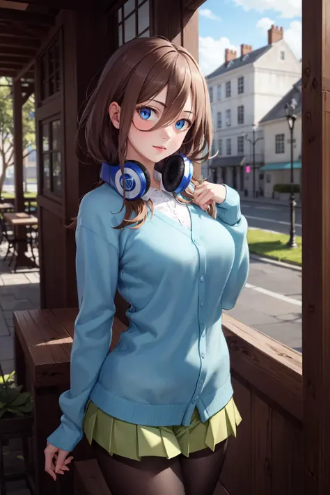 absurdres, best quality, 1girl, solo, <lyco:GoodHands-beta2:1>, eye focus, looking at viewer, <lora:MikuNakano:0.8>, Miku, Blue Cardigan, brown hair
