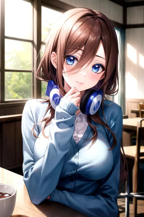 absurdres, best quality, 1girl, solo, <lyco:GoodHands-beta2:1>, eye focus, looking at viewer, <lora:MikuNakano:0.8>, Miku, Blue Cardigan, brown hair