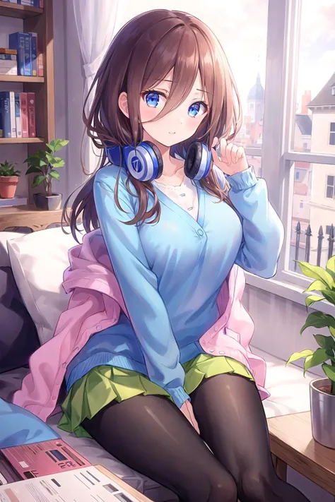 absurdres, best quality, 1girl, solo, <lyco:GoodHands-beta2:1>, eye focus, looking at viewer, <lora:MikuNakano:0.8>, Miku, Blue Cardigan, brown hair
