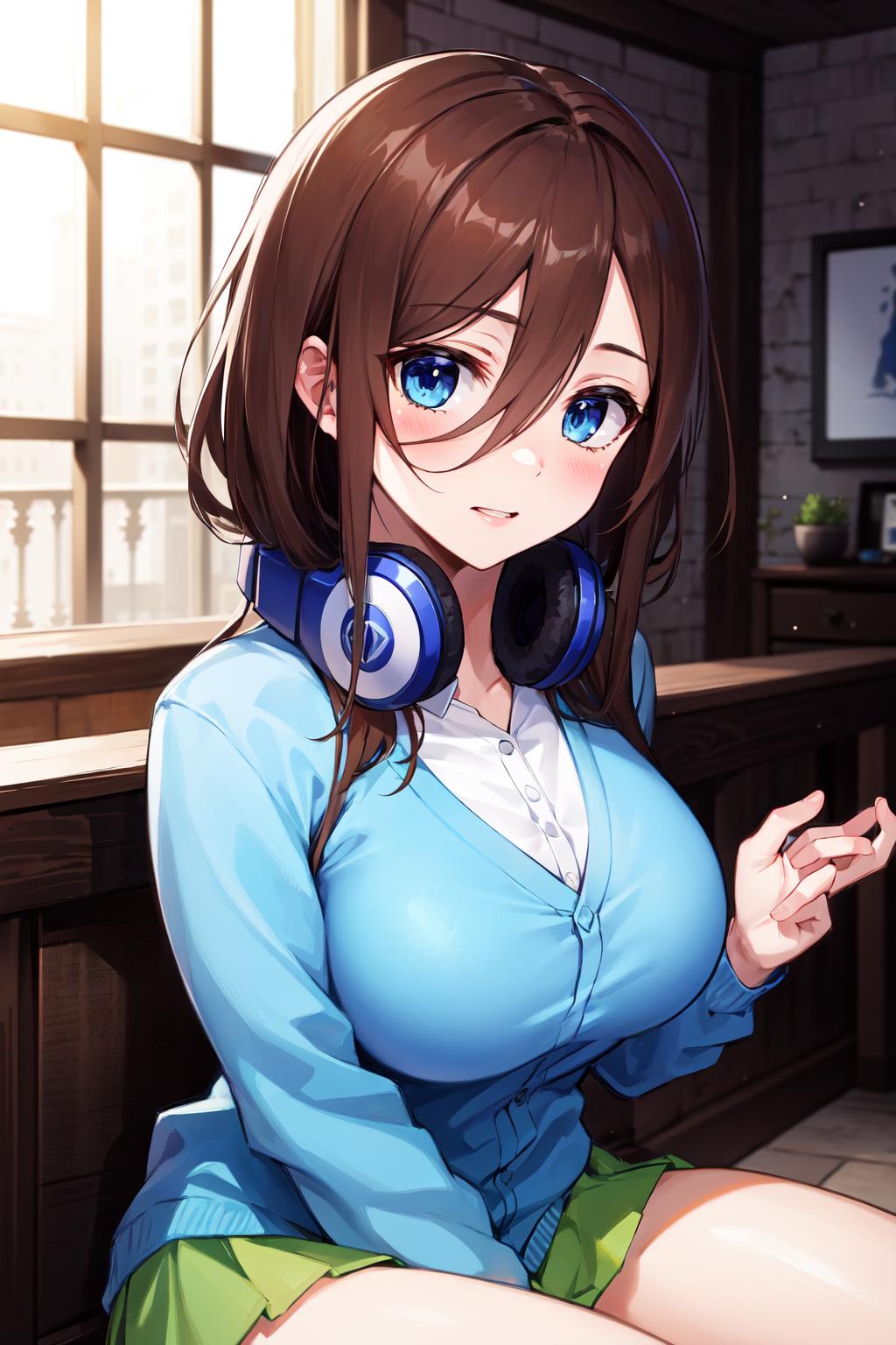 Anime girl with headphones sitting on a table and looking at her phone ...