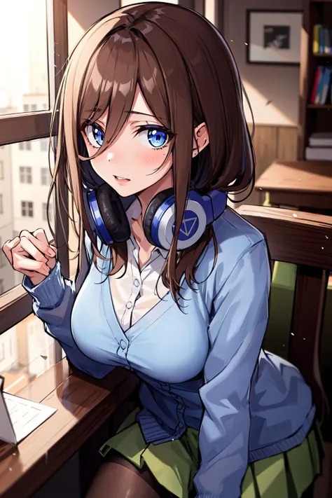 absurdres, best quality, 1girl, solo, <lyco:GoodHands-beta2:1>, eye focus, looking at viewer, <lora:MikuNakano:0.8>, Miku, Blue Cardigan, brown hair