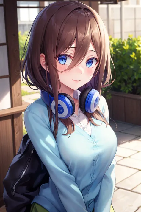 absurdres, best quality, 1girl, solo, <lyco:GoodHands-beta2:1>, eye focus, looking at viewer, <lora:MikuNakano:0.8>, Miku, Blue Cardigan, brown hair