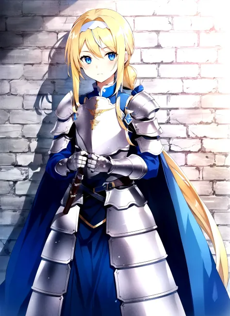 bunbun <lora:bunbun_offset:1>, masterpiece, best quality, alice zuberg, 1girl, armor, armored dress, blonde hair, blue cape, blue dress, blue eyes, bow, breastplate, brick wall, cape, dress, hair bow, hairband, knight, long hair, looking at viewer, ponytail, shoulder armor, solo, very long hair, weapon, white armor, white bow, white hairband