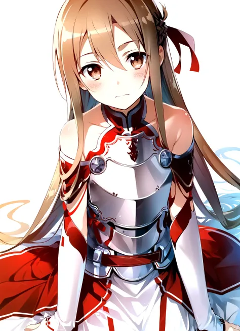 bunbun <lora:bunbun_offset:1>, masterpiece, best quality, asuna \(sao\), 1girl, armor, bare shoulders, blush, breastplate, brown eyes, brown hair, dress, knights of blood uniform \(sao\), lambent light, long hair, looking at viewer, red ribbon, ribbon, sheath, very long hair white armor, white dress
