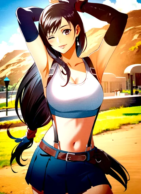bunbun <lora:bunbun_offset:1>, tifa lockhart, 1girl, thick lips, arm up, armpits, artist name, belt, black hair, breasts, brown eyes, cleavage, closed mouth, collarbone, cowboy shot, crop top, earrings, elbow gloves, elbow pads, gloves, jewelry, large breasts, lips, long hair, low-tied long hair, midriff, navel, one eye closed, outdoors, skirt, smile, solo, stomach, suspenders, tank top, upper body, ((masterpiece)) <lora:tifa_lockhart_offset:0.7>