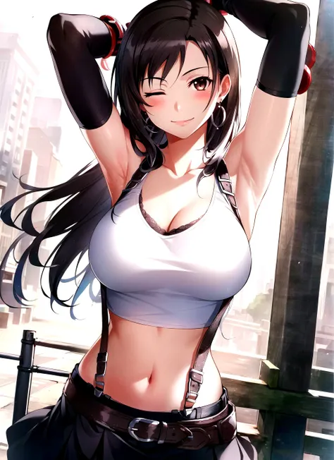 bunbun <lora:bunbun_offset:1>, tifa lockhart, 1girl, thick lips, arm up, armpits, artist name, belt, black hair, breasts, brown eyes, cleavage, closed mouth, collarbone, cowboy shot, crop top, earrings, elbow gloves, elbow pads, gloves, jewelry, large breasts, lips, long hair, low-tied long hair, midriff, navel, one eye closed, outdoors, skirt, smile, solo, stomach, suspenders, tank top, upper body, ((masterpiece))