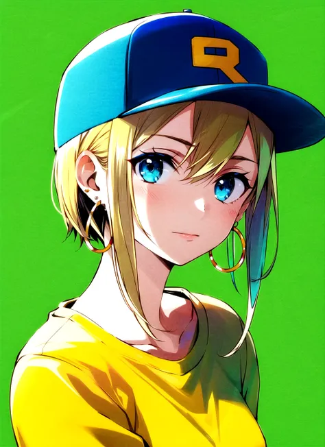 bunbun <lora:bunbun_offset:1>, masterpiece, best quality, 1girl, aqua eyes, baseball cap, blonde hair, closed mouth, earrings, green background, hat, hoop earrings, jewelry, looking at viewer, shirt, short hair, simple background, solo, upper body, yellow shirt