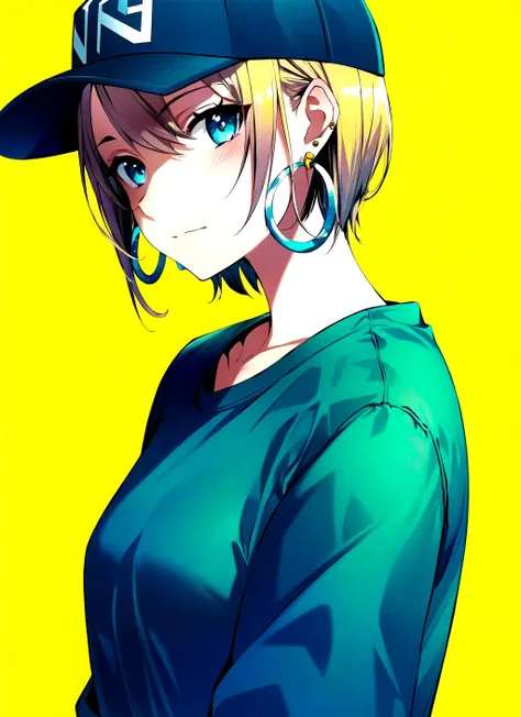 bunbun <lora:bunbun_offset:1>, masterpiece, best quality, 1girl, aqua eyes, baseball cap, blonde hair, closed mouth, earrings, green background, hat, hoop earrings, jewelry, looking at viewer, shirt, short hair, simple background, solo, upper body, yellow shirt