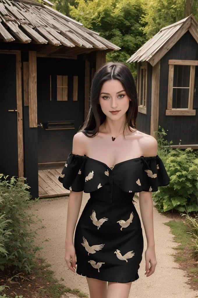 (((medium shot:1.5)))photo of a 30 years old YV0NN3CH45T41N ,(f),(figure four sitting),(((A charming, rustic garden shed filled with tools, plants, and earthenware pots))), ,wide depth of field,( very long ((Black long hair):1.5) , (realistic:1.5), glossy lips, soft skin, elegant makeup,(smile), wearing <lora:rc93:0.75> rc,bare shoulders, (off shoulder dress,:1.5) birds print dress