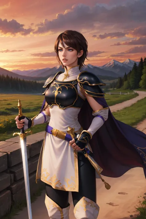 masterpiece, best quality, tanith, armor, circlet, purple cape, fingerless gloves, white dress, black leggings, thigh boots, standing, sunset, SwordAndSheath, holding weapon, clenched teeth, furrowed brow, fighting stance, red sky, mountains <lora:tanith-nvwls-v1-000010:0.9>  <lora:UnlimitedBladeWorks1.6:0.7>