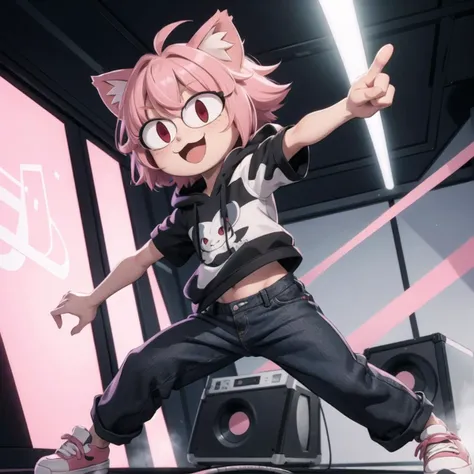 (masterpiece, best quality:1.2), <lora:neco-arc:0.9>, neco-arc, 1girl, animal ears, solo, cat ears, red eyes, pink hair, slit pupils, :3, cat tail, smile, bangs, antenna hair, short hair, cat girl, :d, black skate shoes, black jeans, dancing, music scene, sings, music, striped hoodie, gray t-shirt, Rock star