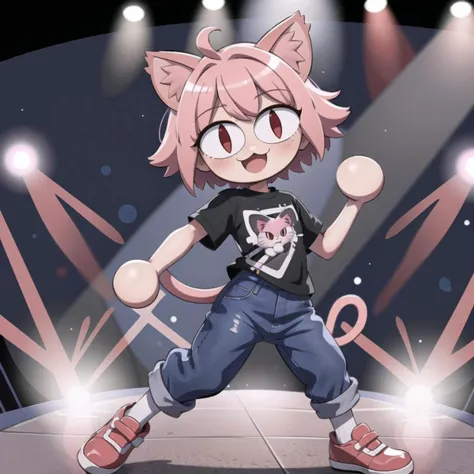 (masterpiece, best quality:1.2), <lora:neco-arc:0.9>, neco-arc, 1girl, animal ears, solo, cat ears, red eyes, pink hair, slit pupils, :3, cat tail, antenna hair, short hair, cat girl, :d, dancing, music scene, singing, music, black jeans, Skate shoes, gray t-shirt, Rock star,