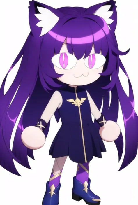 necopose, neco spirit, full body, 1girl, :3, cat ears, full body, chibi, cat girl, cat tail, solo, slit pupils, messy hair, dark pink eyes, turtleneck and petticoat, white background, simple background, incredibly absurdres, best quality