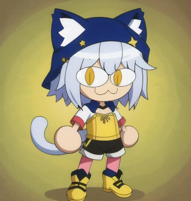 necoarc, middle finger, full body, 1girl, :3, cat ears, full body, chibi, cat girl, cat tail, solo, slit pupils, pillow hat, hair flaps, gold eyes, tube top and lowleg shorts, 2d, cartoon, anime coloring