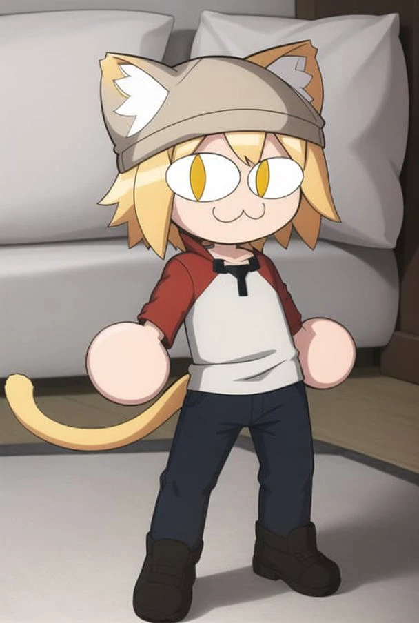 necoarc, middle finger, full body, 1girl, :3, cat ears, full body, chibi, cat girl, cat tail, solo, slit pupils, pillow hat, undercut, gold eyes, stringer and cutoff jeans, 2d, cartoon, anime coloring