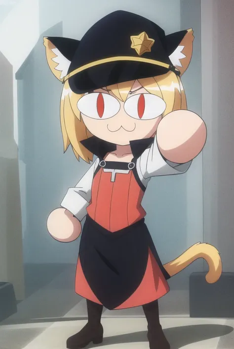 necoarc, middle finger, full body, 1girl, :3, cat ears, full body, chibi, cat girl, cat tail, solo, slit pupils, flat cap, asymmetrical hair, dark red eyes, criss-cross halter and lowleg skirt, 2d, cartoon, anime coloring