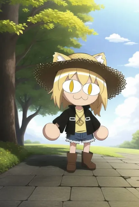 neco arc, middle finger, full body, 1girl, :3, cat ears, full body, chibi, cat girl, cat tail, solo, slit pupils, straw hat, high ponytail, gold eyes, transparent raincoat and jeans, 2d, cartoon, anime coloring