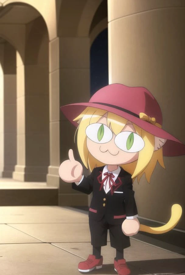 neco arc, middle finger, full body, 1girl, :3, cat ears, full body, chibi, cat girl, cat tail, solo, slit pupils, cloche hat, quad tails, light green eyes, blazer and shorts, 2d, cartoon, anime coloring