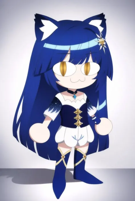 necopose, neco spirit, full body, 1girl, :3, cat ears, full body, chibi, cat girl, cat tail, solo, slit pupils, single hair bun, gold eyes, corset and dolphin shorts, white background, simple background, incredibly absurdres, best quality