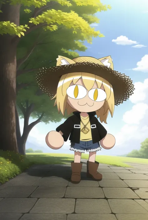 neco arc, middle finger, full body, 1girl, :3, cat ears, full body, chibi, cat girl, cat tail, solo, slit pupils, straw hat, high ponytail, gold eyes, transparent raincoat and jeans, 2d, cartoon, anime coloring