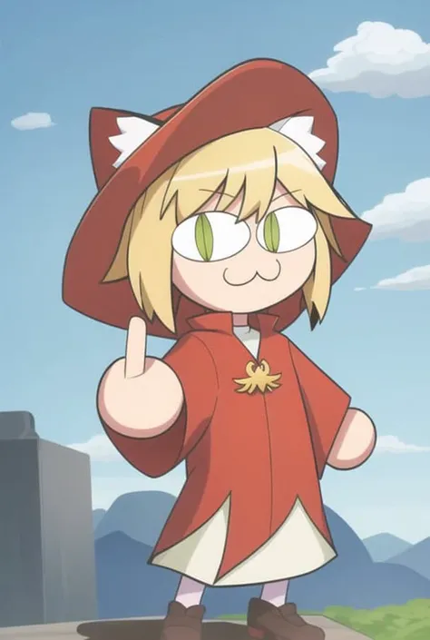 necoarc, middle finger, full body, 1girl, :3, cat ears, full body, chibi, cat girl, cat tail, solo, slit pupils, cowboy hat, mizura, green-hazel eyes, sukajan and chaps, 2d, cartoon, anime coloring