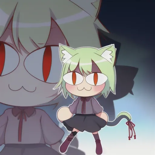necoarc, face focus, zoom, 1girl, :3,  cat ears, full body, chibi, cat girl, cat tail, solo, slit pupils, dark, no light, glowing green eyes, blood on face, <lora:necoArcCharacters_necoArcv3final:0.9>