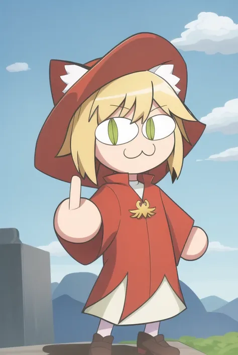 necoarc, middle finger, full body, 1girl, :3, cat ears, full body, chibi, cat girl, cat tail, solo, slit pupils, cowboy hat, mizura, green-hazel eyes, sukajan and chaps, 2d, cartoon, anime coloring
