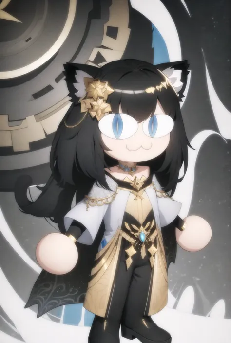 necopose, neco spirit, full body, 1girl, :3, cat ears, full body, chibi, cat girl, cat tail, solo, slit pupils, cowboy hat, medium hair, blue-gray eyes, blouse and capri pants, white background, simple background, incredibly absurdres, best quality