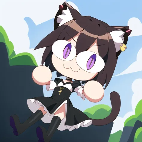 1girl, full body, :3, cat ears, chibi, cat girl, cat tail, solo, slit pupils, (short brown hair), glasses, (purple eyes), earrings, (black frilly dress) <lora:necoArcCharacters_necoArcv3final:1>
